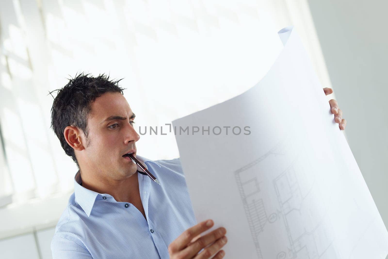 portrait of mid adult architect reading blueprint and smiling