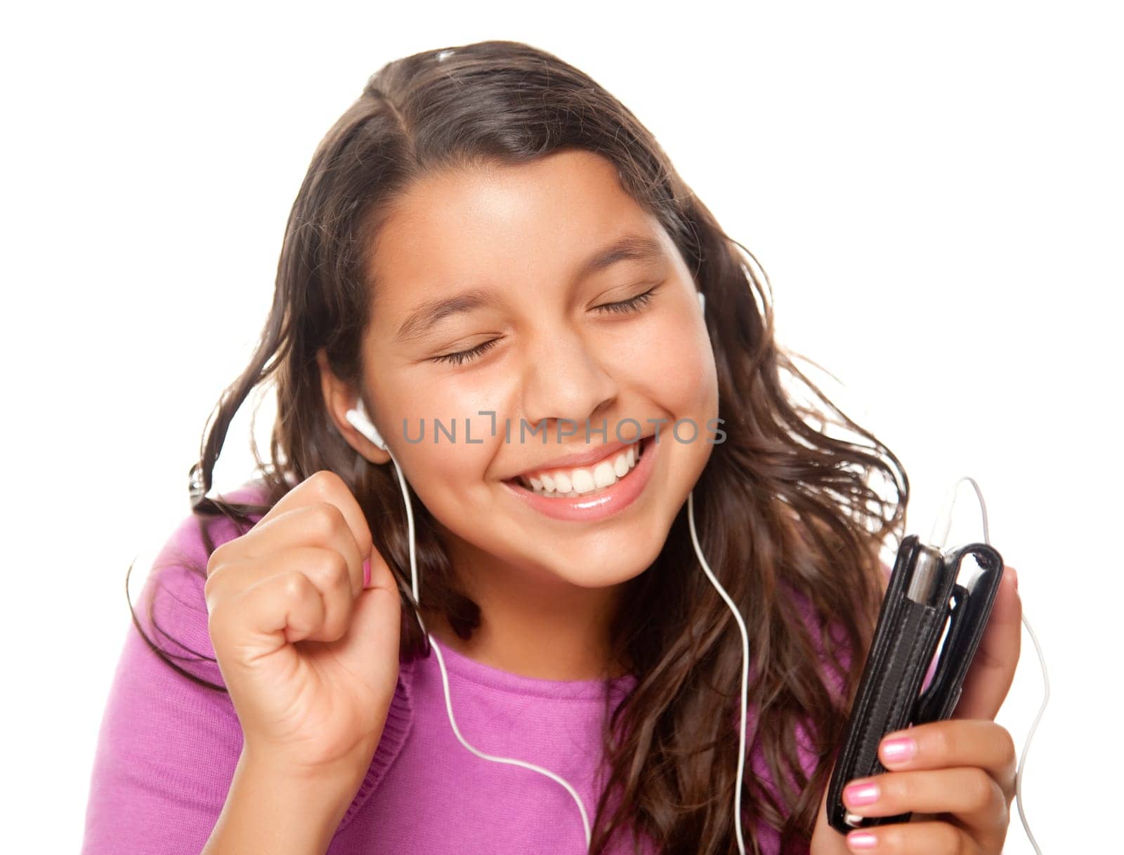Pretty Hispanic Girl Listening and Dancing to Music Isolated on a White Background.