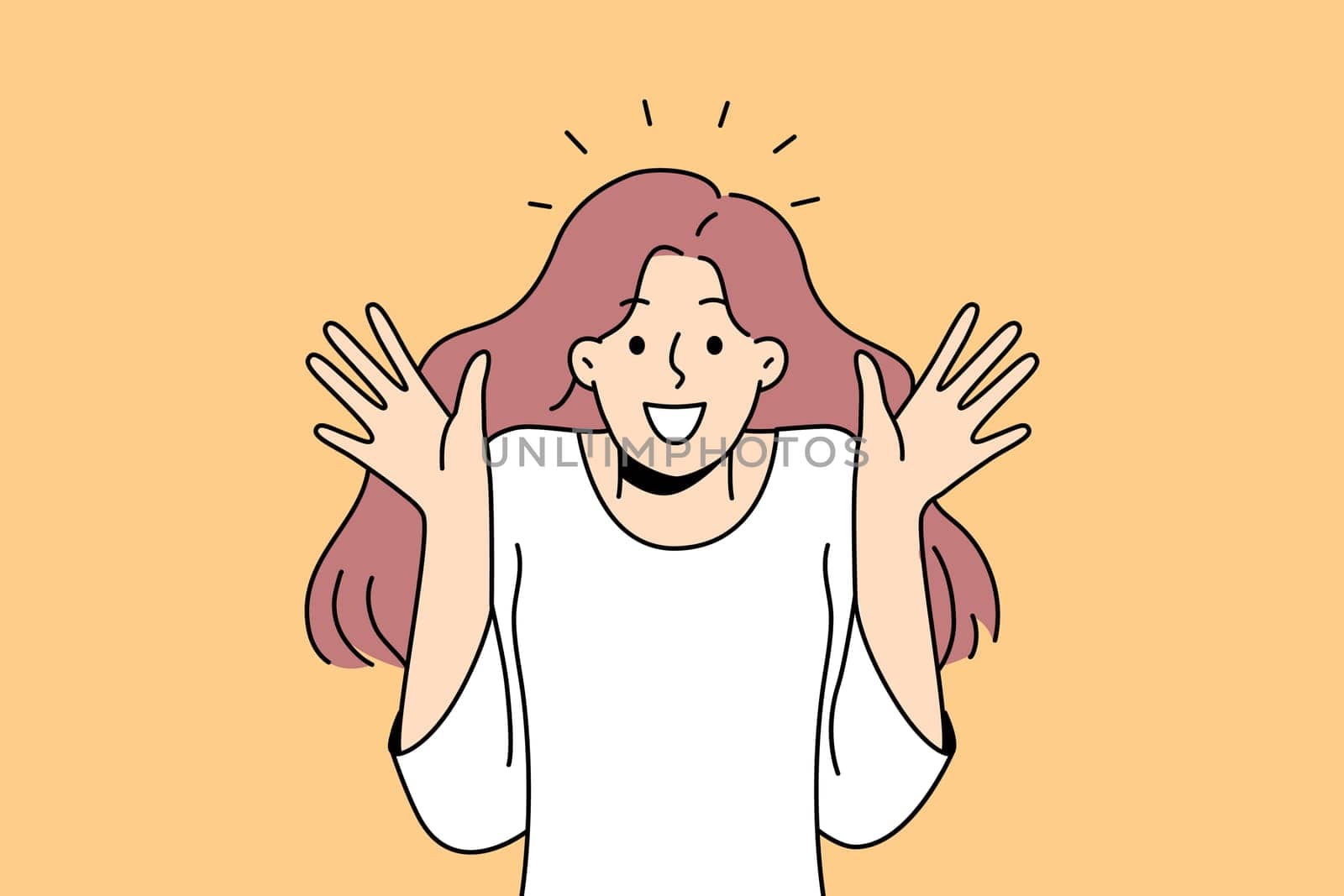 Overjoyed young woman feel astonished and surprised. Smiling girl feeling shocked and stunned with emotions. Vector illustration.
