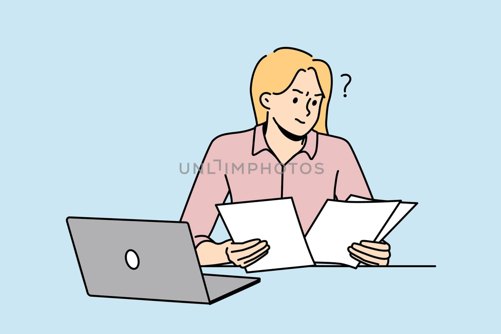 Frustrated woman working with paperwork busy at laptop. Confused female employee consider documents at workplace. Vector illustration.