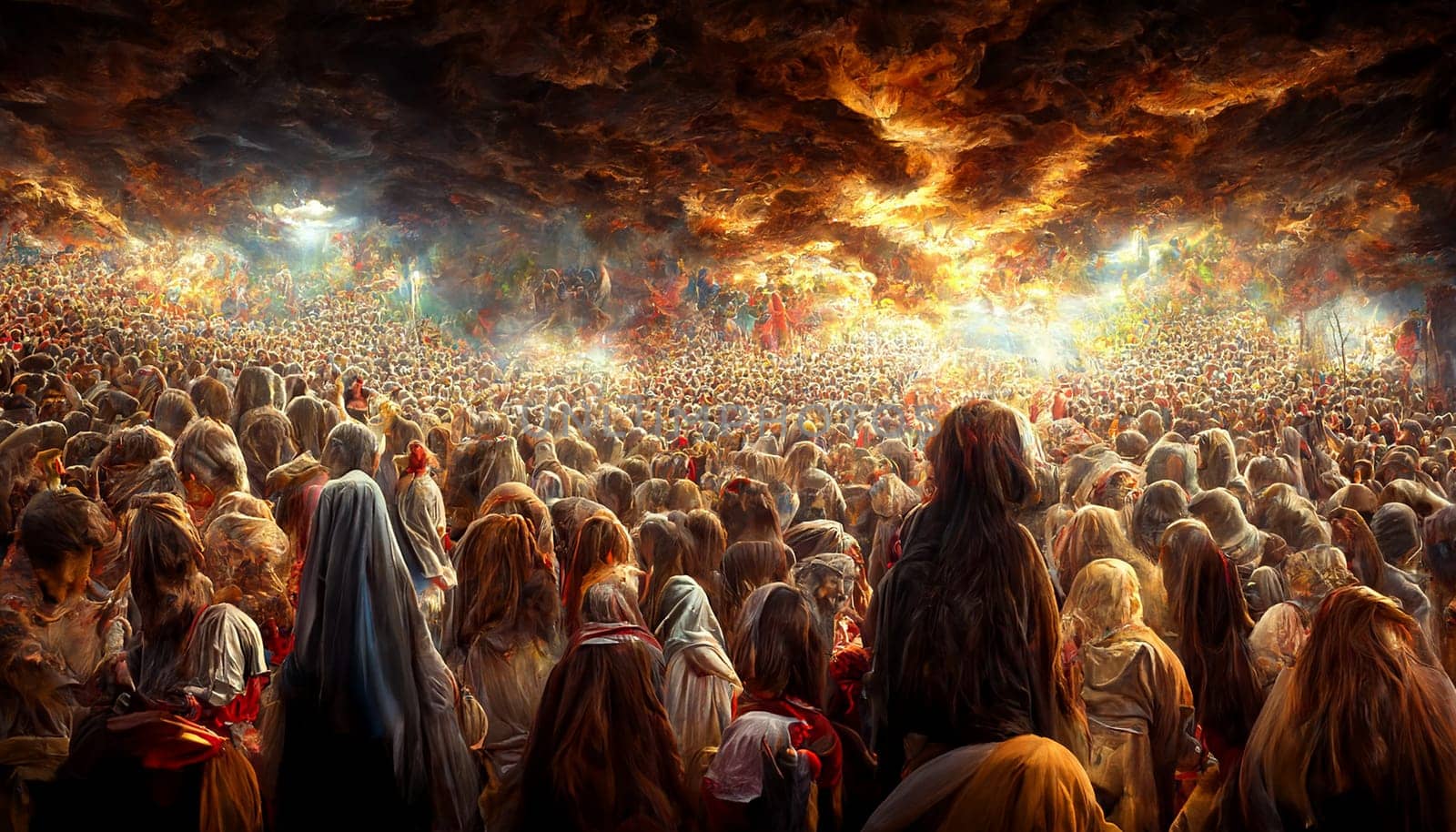 Revelation of Jesus Christ, new testament, religion of christianity, heaven and hell over the crowd of people, Jerusalem of the bible