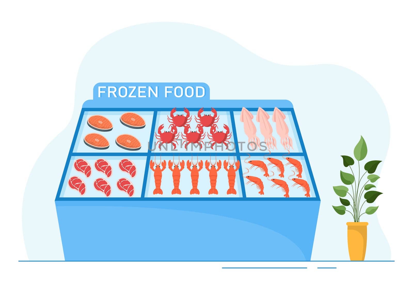 Frozen Food Store with Products Vacuumed using Foil and Pouch Packaging to be Fresh in Hand Drawn Cartoon Template Illustration