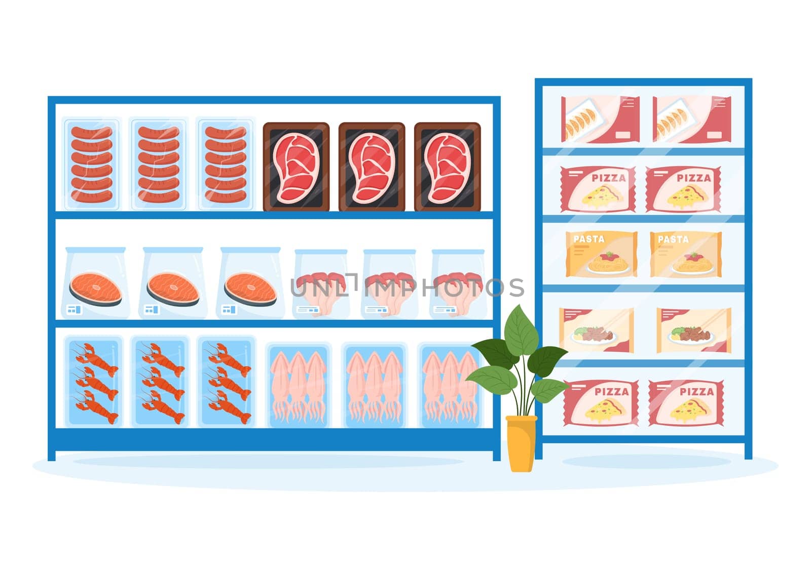 Frozen Food Store with Products Vacuumed using Foil and Pouch Packaging to be Fresh in Hand Drawn Cartoon Template Illustration