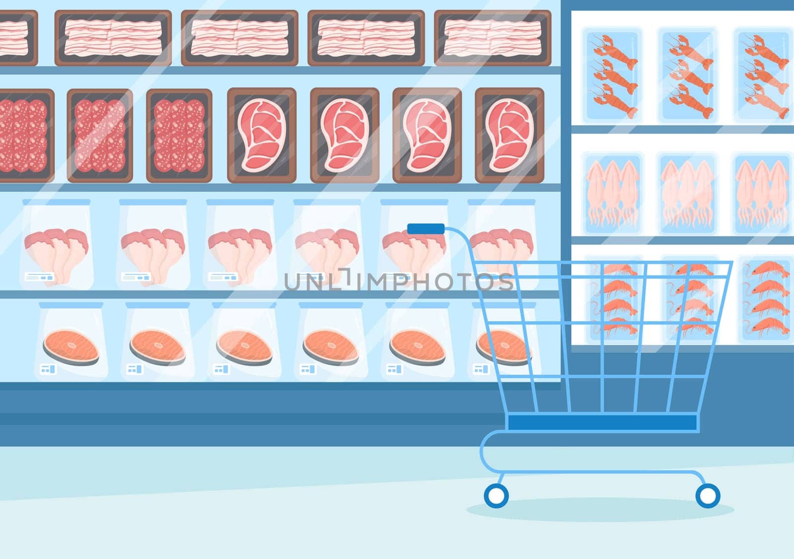 Frozen Food Store with Products Vacuumed using Foil and Pouch Packaging to be Fresh in Hand Drawn Cartoon Template Illustration