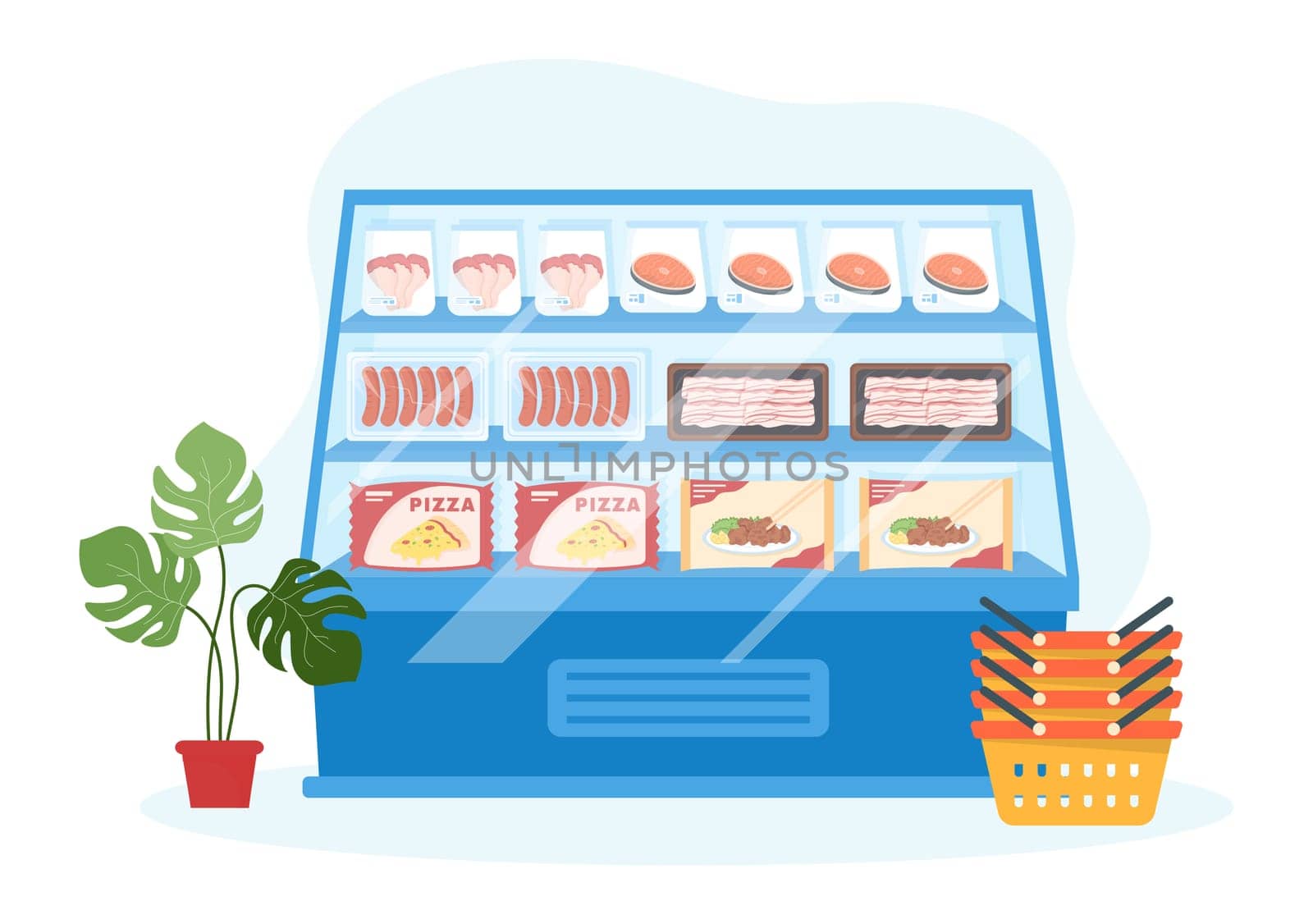 Frozen Food Store with Products Vacuumed using Foil and Pouch Packaging to be Fresh in Hand Drawn Cartoon Template Illustration