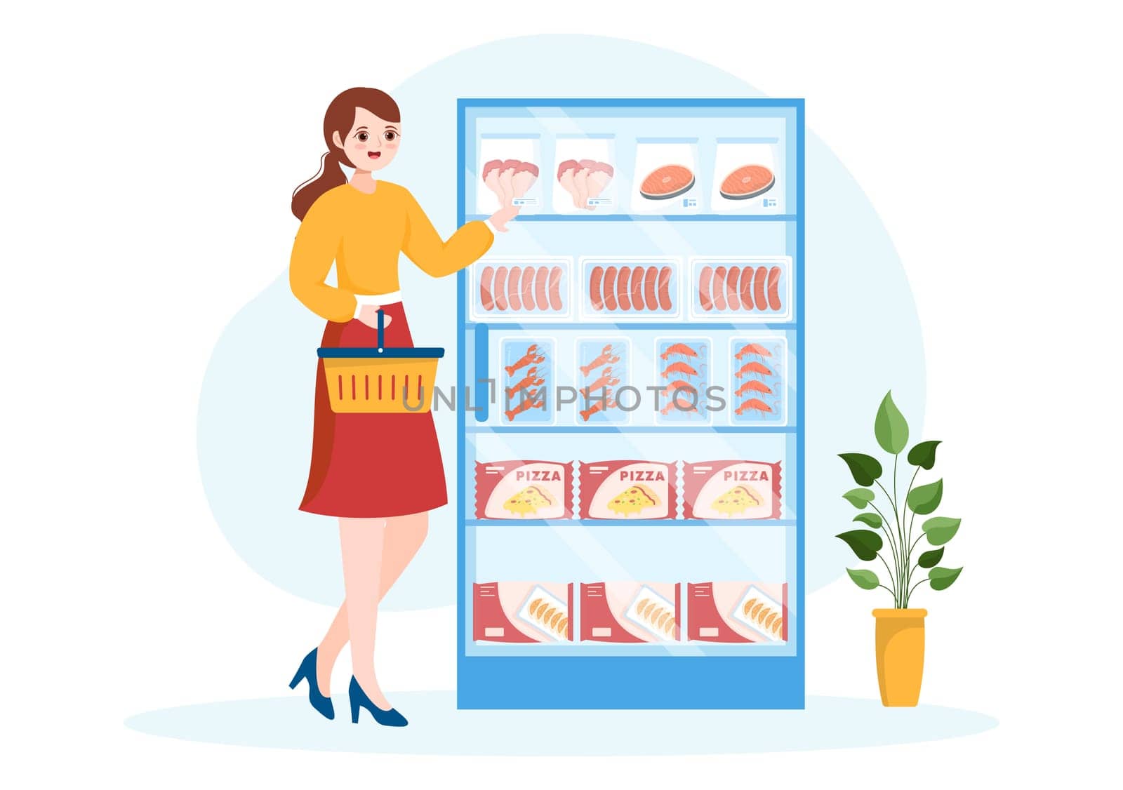 Frozen Food Store with Products Vacuumed using Foil and Pouch Packaging to be Fresh in Hand Drawn Cartoon Template Illustration