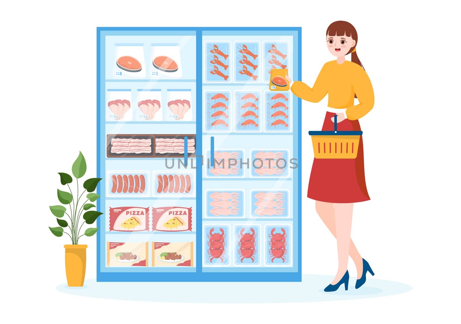 Frozen Food Store with Products Vacuumed using Foil and Pouch Packaging to be Fresh in Hand Drawn Cartoon Template Illustration