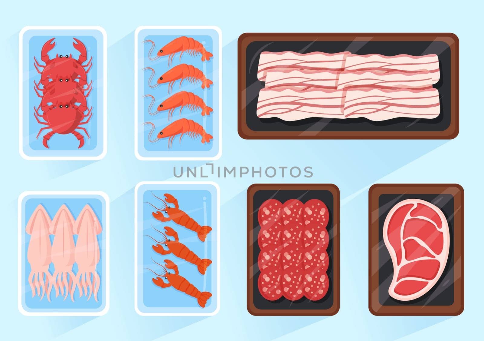Frozen Food Store with Products Vacuumed using Foil and Pouch Packaging to be Fresh in Hand Drawn Cartoon Template Illustration