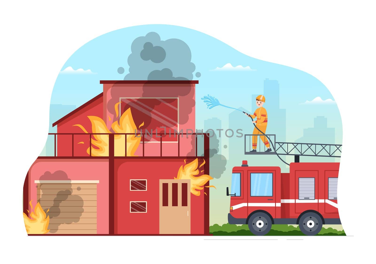 Fire Department with Firefighters Extinguishing House, Forest and Helping People in Various Situations in Flat Hand Drawn Cartoon Illustration