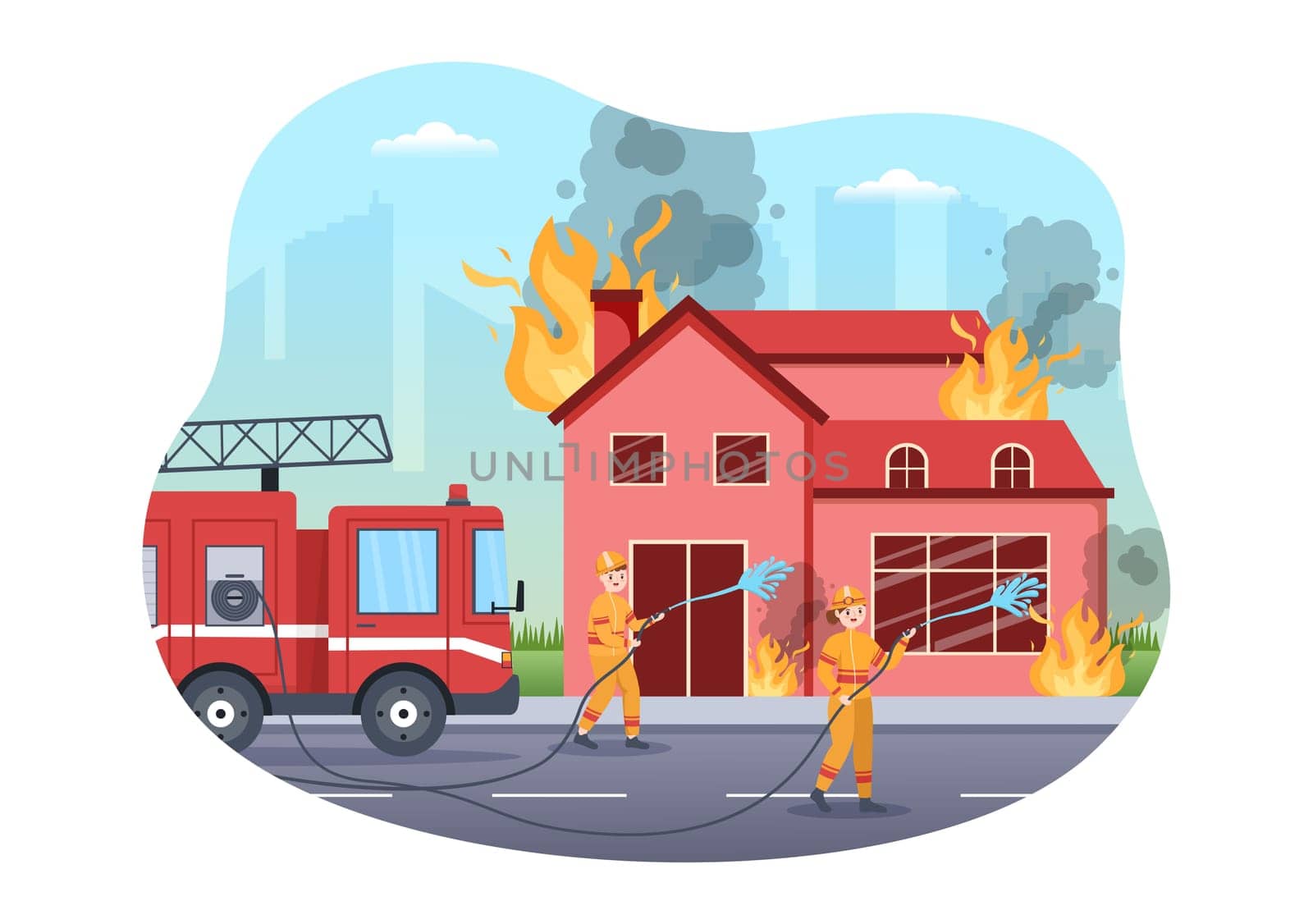Fire Department with Firefighters Extinguishing House, Forest and Helping People in Various Situations in Flat Hand Drawn Cartoon Illustration