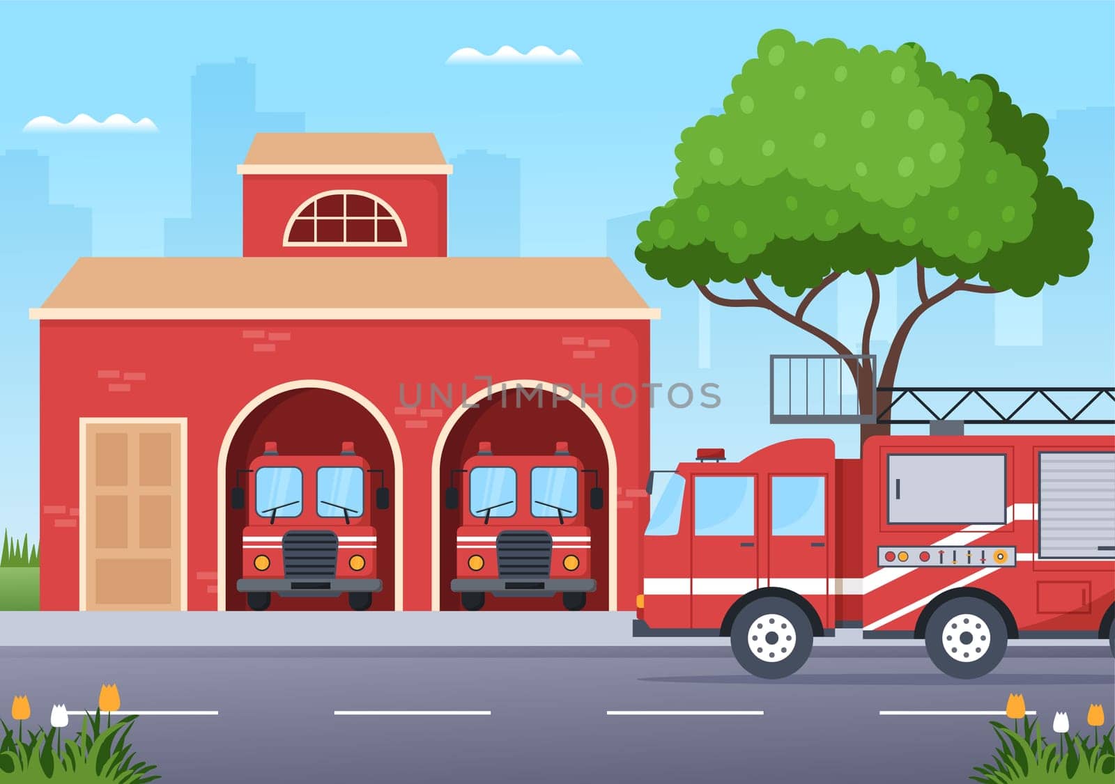 Fire Department with Firefighters Extinguishing House, Forest and Helping People in Various Situations in Flat Hand Drawn Cartoon Illustration