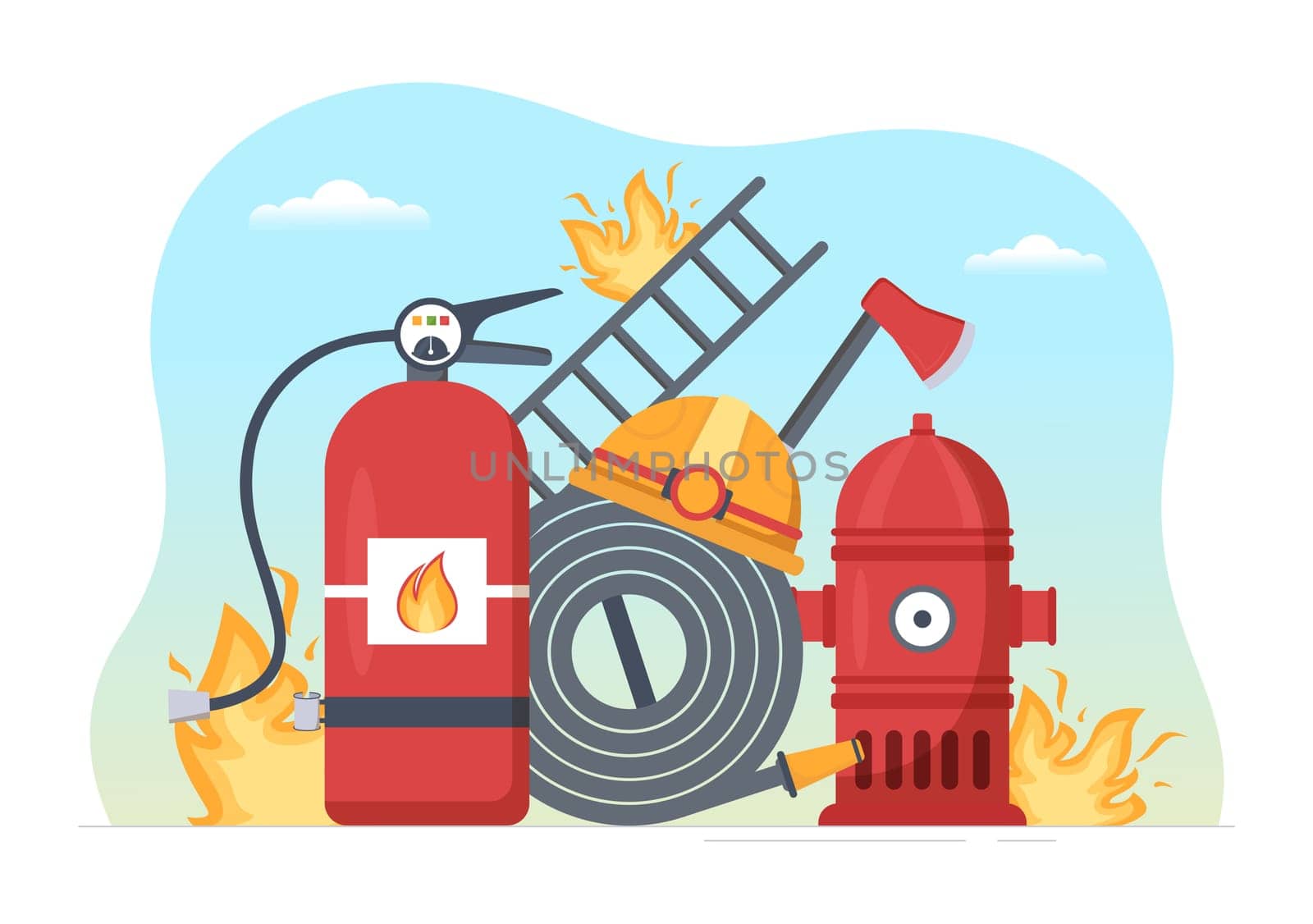 Fire Department with Firefighters Extinguishing House, Forest and Helping People in Various Situations in Flat Hand Drawn Cartoon Illustration