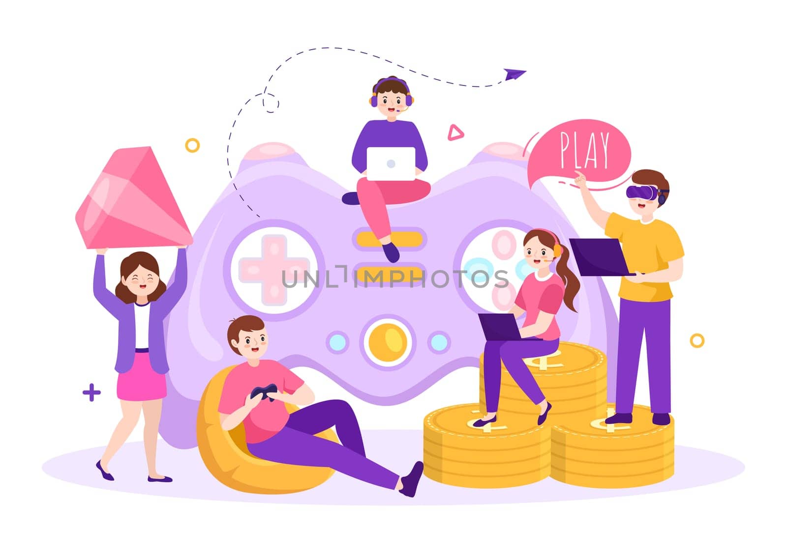 Video Game with Kids Playing Gamepad Controllers Fighting Console on Android Mobile Computer in Flat Cartoon Hand Drawn Template Illustration