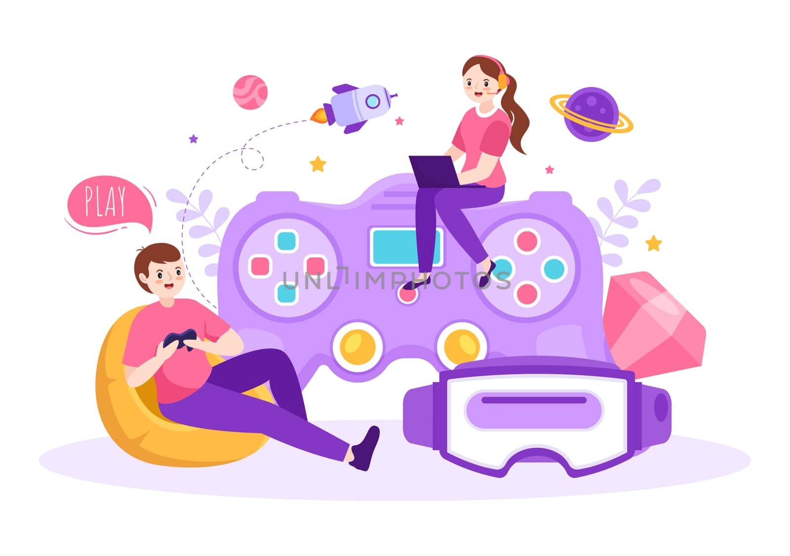 Video Game with Kids Playing Gamepad Controllers Fighting Console on Android Mobile Computer in Flat Cartoon Hand Drawn Template Illustration