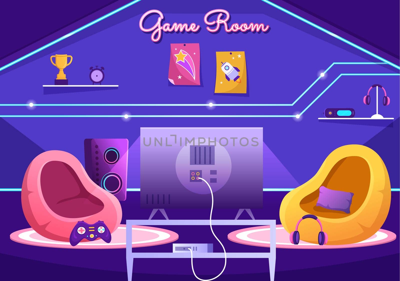 Video Game Room Interior with Android Mobile Computer and Comfortable Armchairs for Gamers in Flat Cartoon Hand Drawn Template Illustration