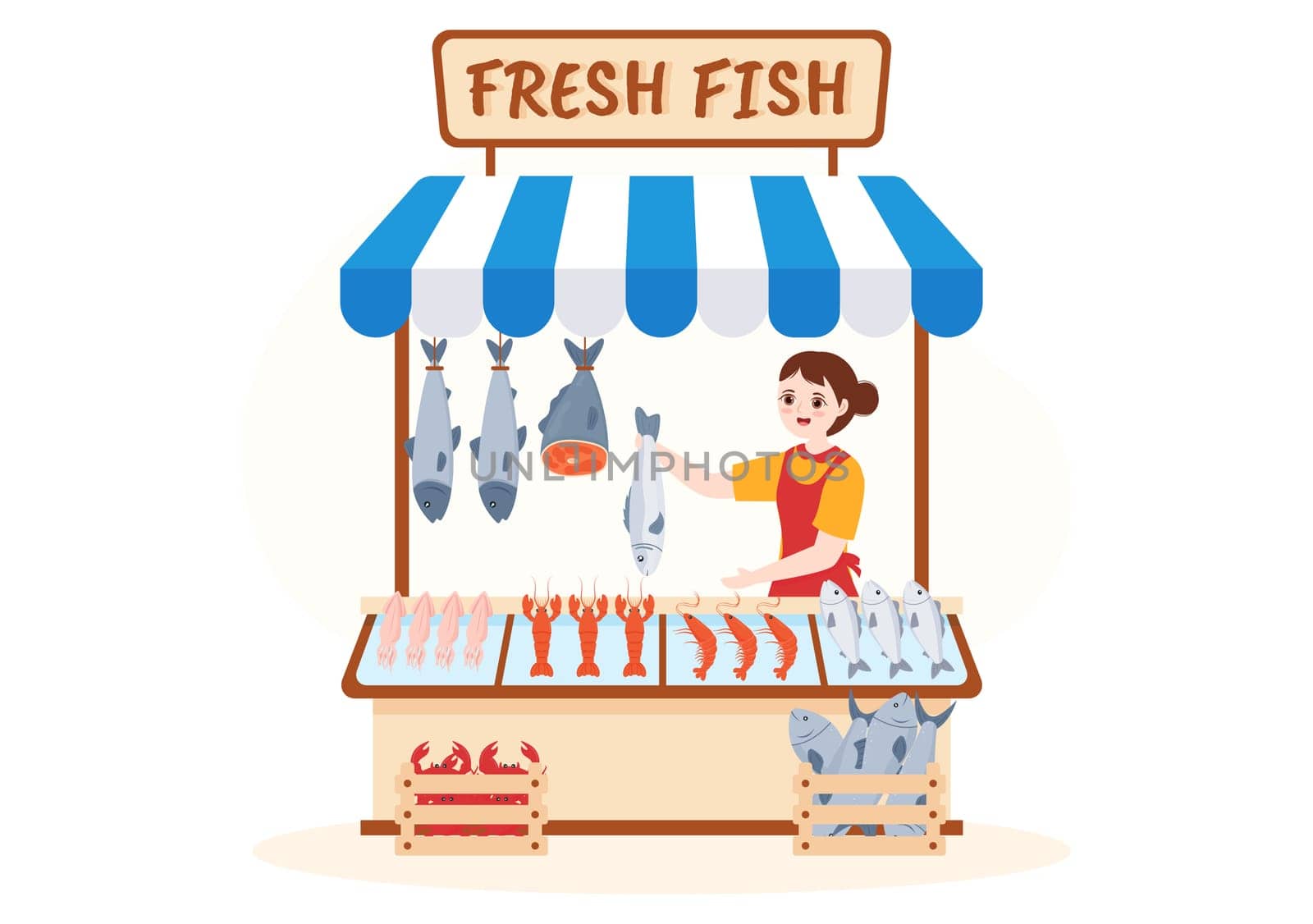 Fish Store to Market Various Fresh and Hygienic Products Seafood in Flat Cartoon Hand Drawn Templates Illustration