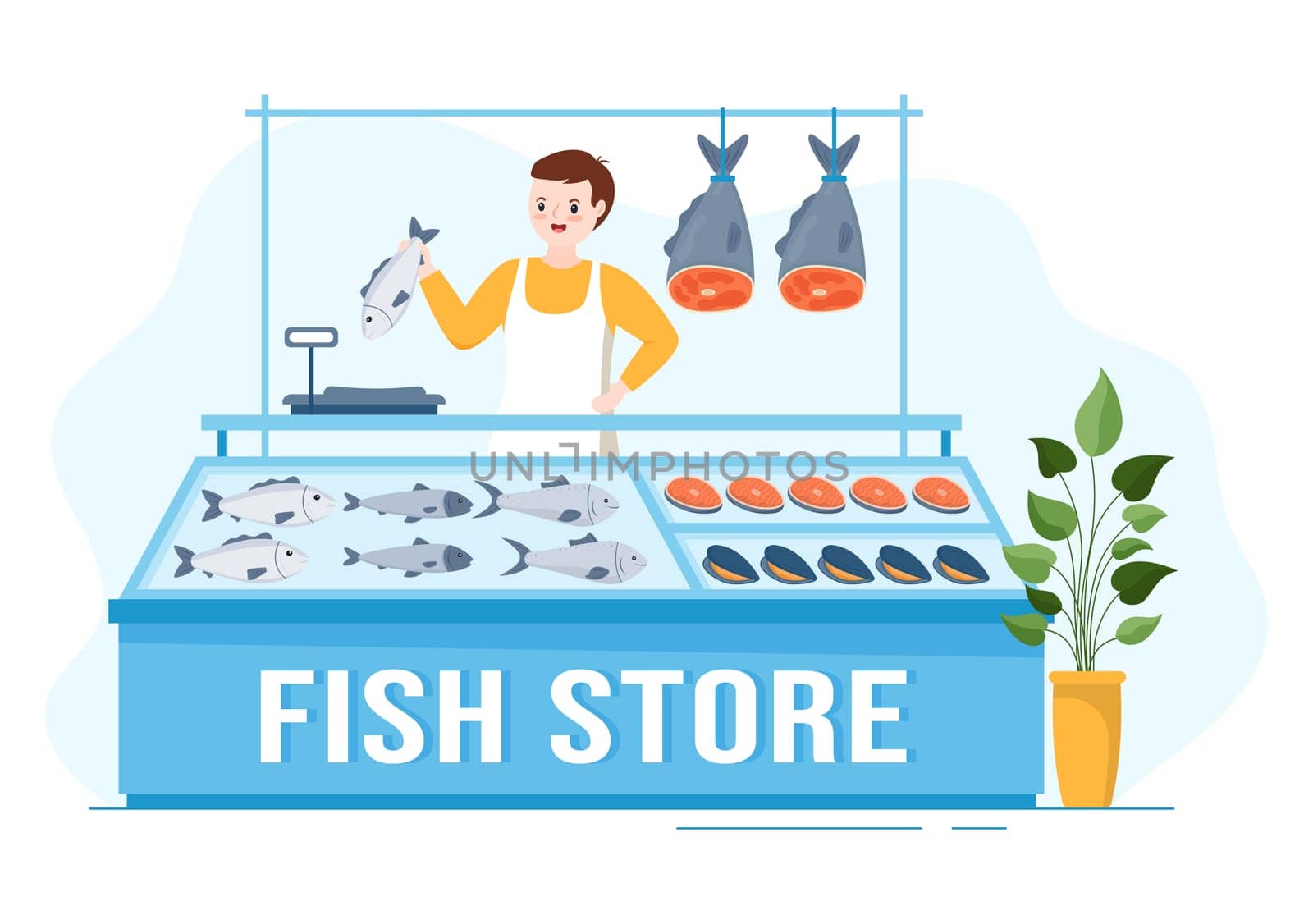 Fish Store to Market Various Fresh and Hygienic Products Seafood in Flat Cartoon Hand Drawn Templates Illustration