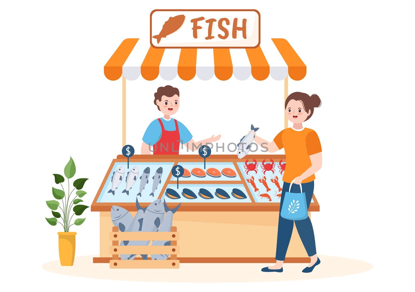 Fish Store to Market Various Fresh and Hygienic Products Seafood in Flat Cartoon Hand Drawn Templates Illustration
