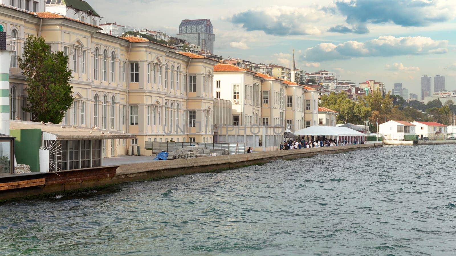 Istanbul, Turkey - August 26, 2022: View from Bosphorus Strait of Mimar Sinan Fine Art University, located beside Galata Port, Karakoy district