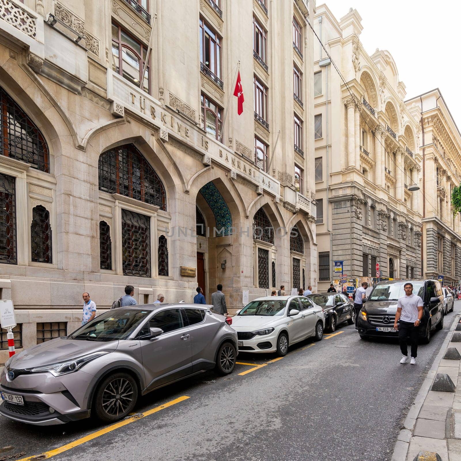 Istanbul, Turkey - August 25, 2022: Banks Street, or Bankalar Caddesi, with few pedestrians, located in the district of Beyoglu