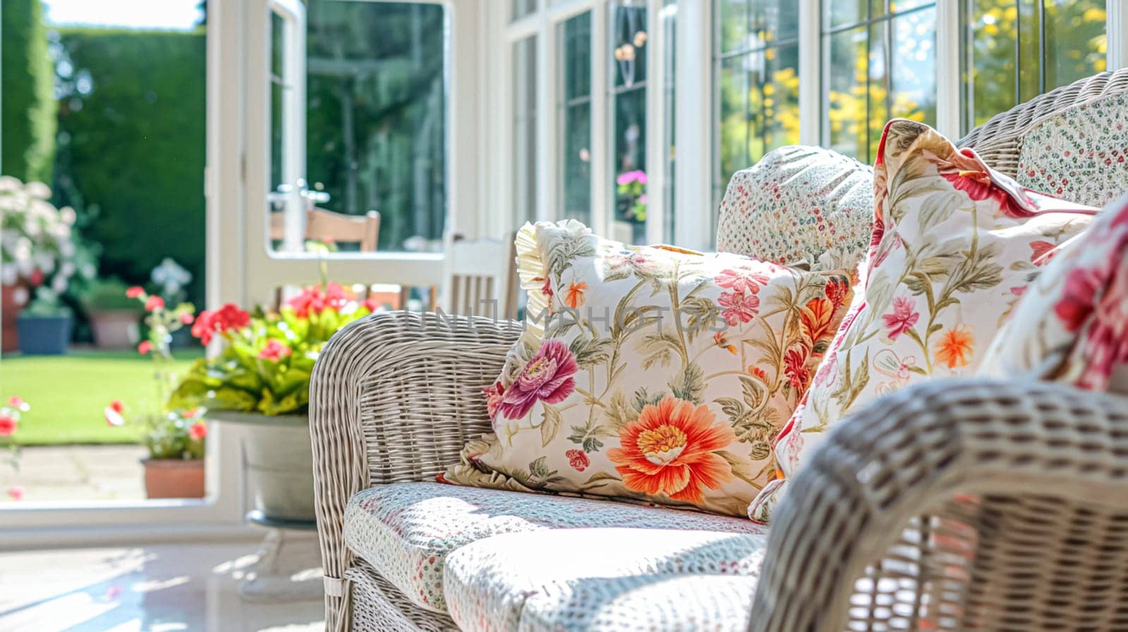 Colorful pillows on sofa against glass wall of window in a winter garden or conservatory. Interior textile concept. High quality photo