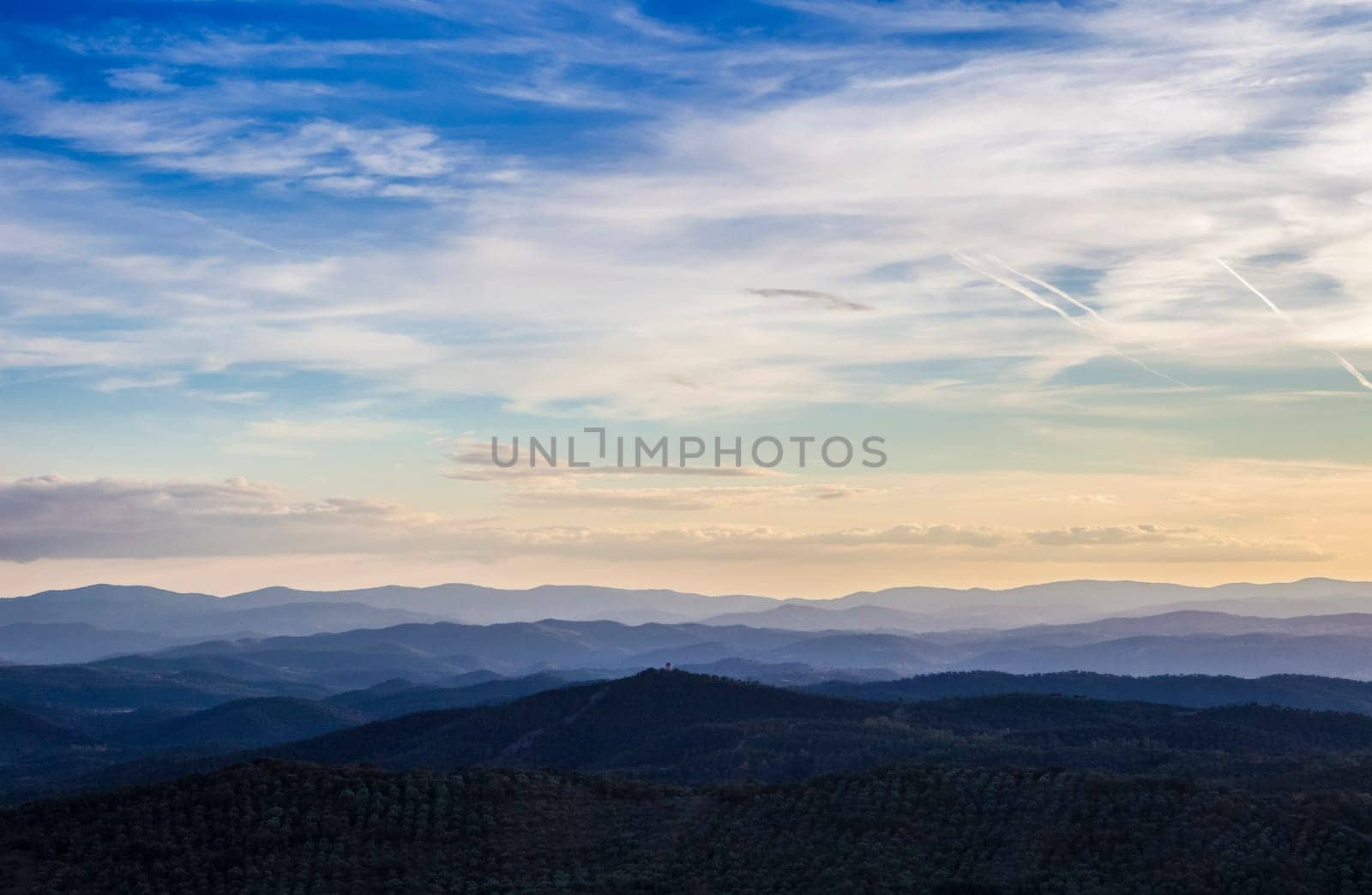 Aerial view of Sierra Morena from Reina Muslim Citadel, Badajoz, Extremadura, Spain
