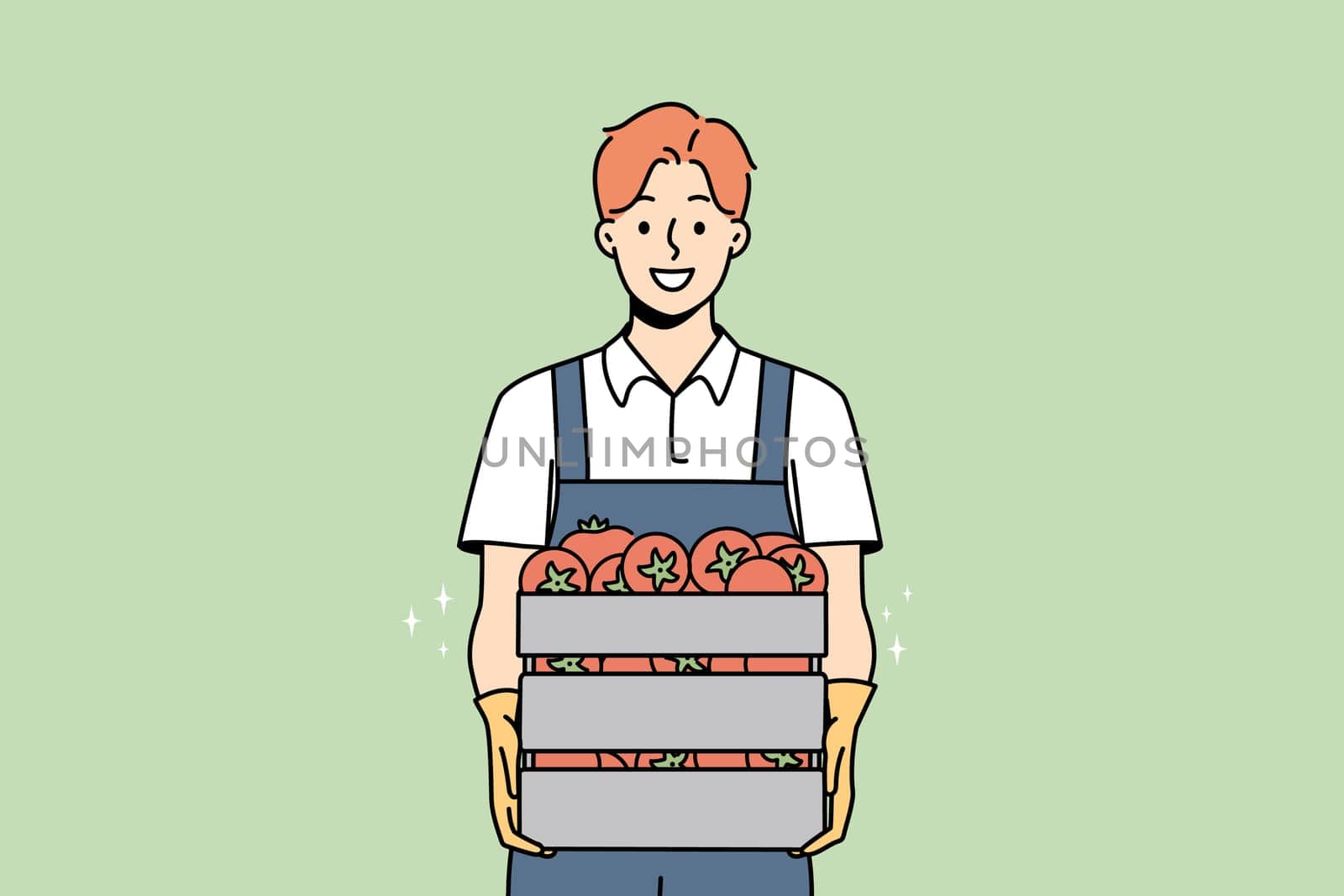 Smiling male farmer holding box of fresh tomatoes. Happy man gardener with baskets of vegetables from farm. Gardening and agriculture. Vector illustration.