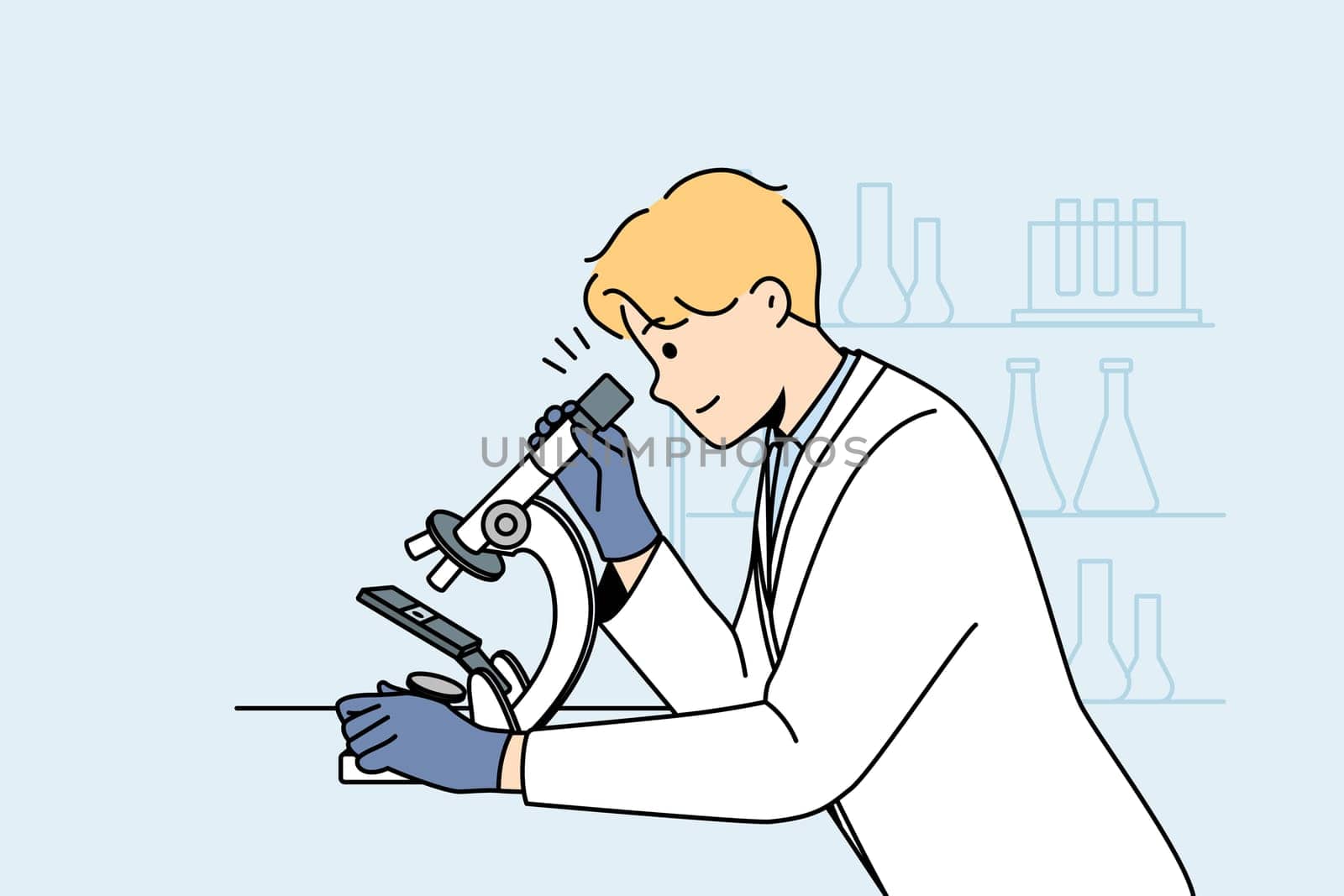 Young man scientist in white medical uniform look at sample in microscope in lab. Male researcher examine specimen in laboratory. Medicine and biotechnology. Vector illustration.
