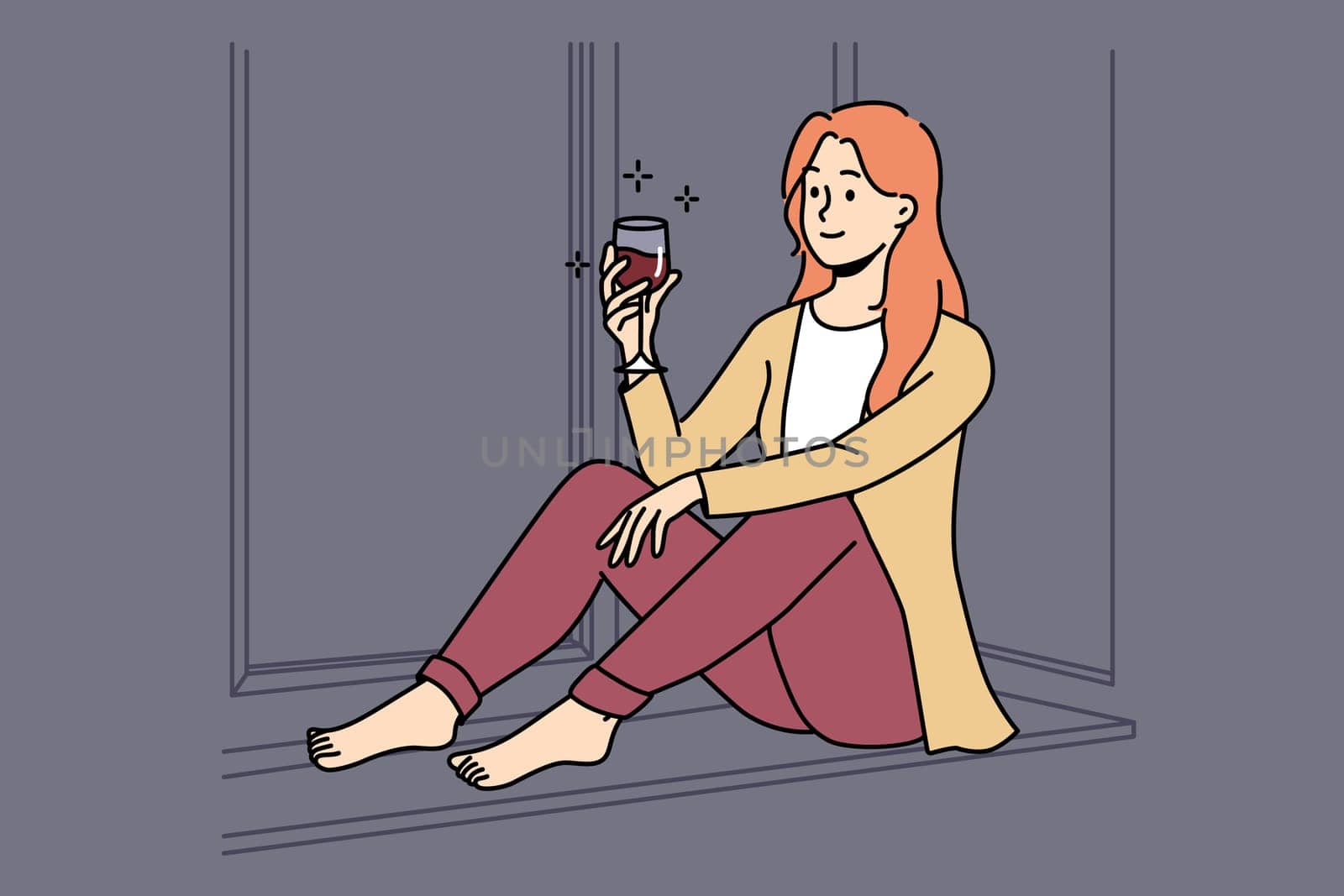Happy young woman sit on windowsill at home relax with glass of red wine. Smiling girl rest indoors on weekend with drink. Relaxation. Vector illustration.