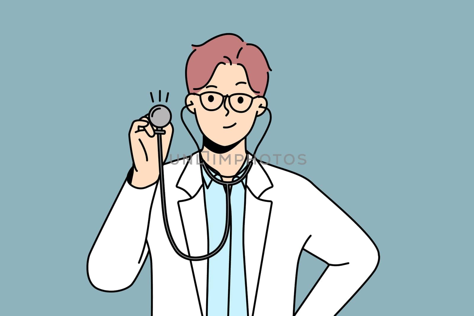 Smiling young male doctor in white medical uniform hold stethoscope ready to check or examine patient. Happy male GP or therapist checkup in hospital. Medicine. Vector illustration.