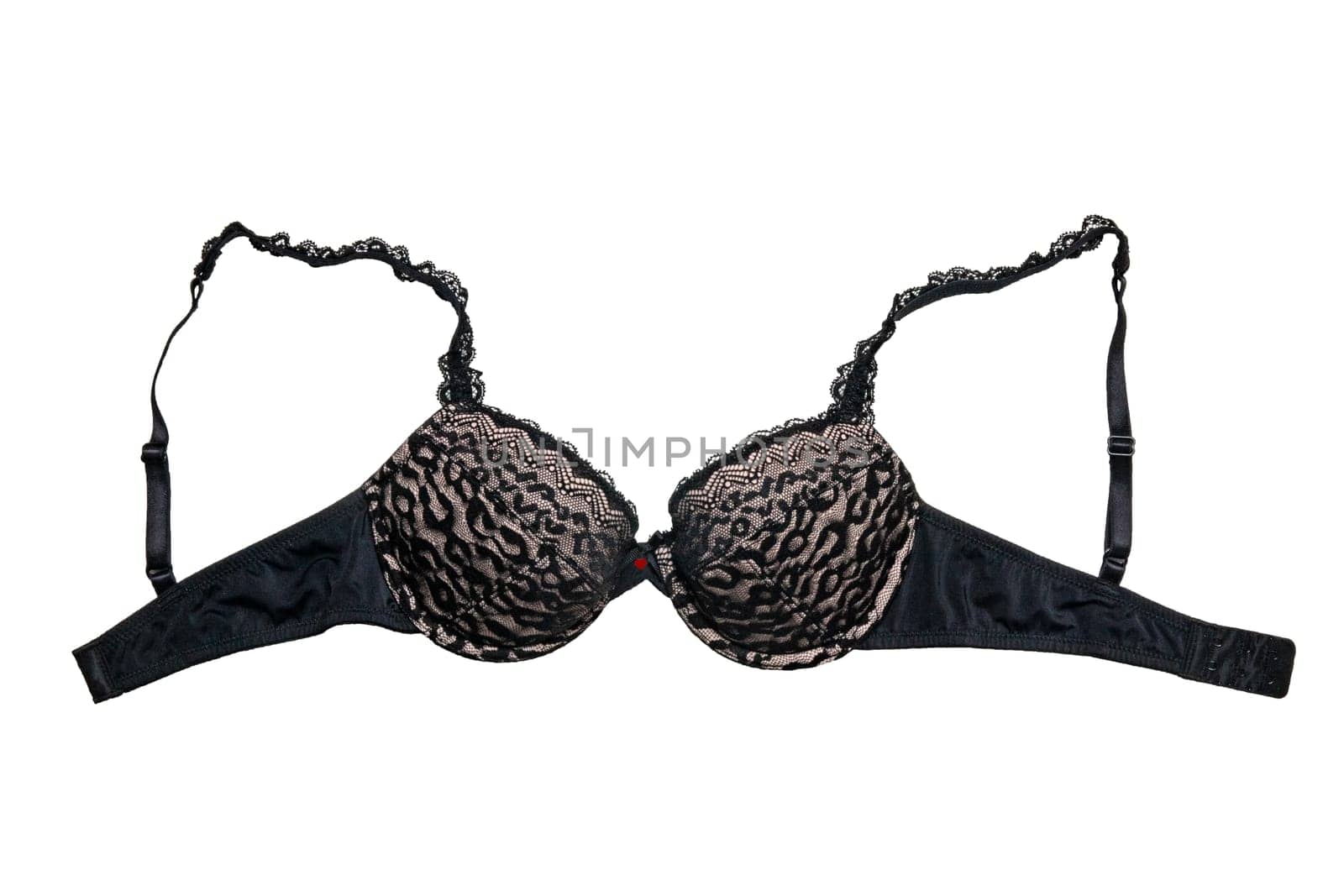 Bra isolated. Closeup of beautiful female stylish black and pink bra  with laces and straps isolated on a white background. Fashionable women underwear.