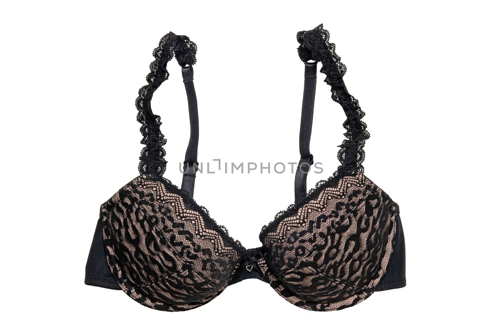 Bra isolated. Closeup of beautiful female stylish black and pink bra  with laces and straps isolated on a white background. Fashionable women underwear.