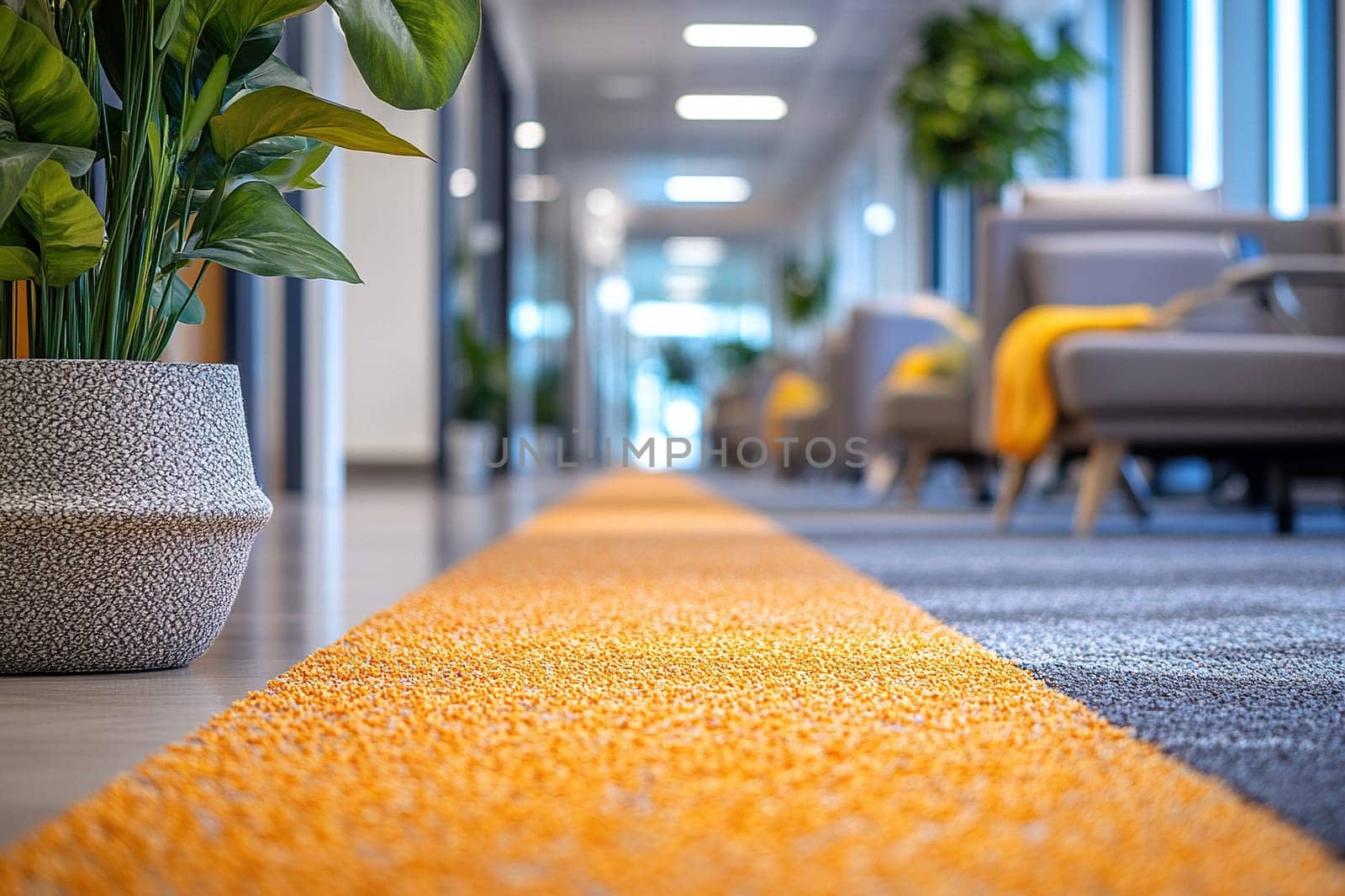 A green flower in a pot stands on the floor in a modern office with carpet and blurred interior.