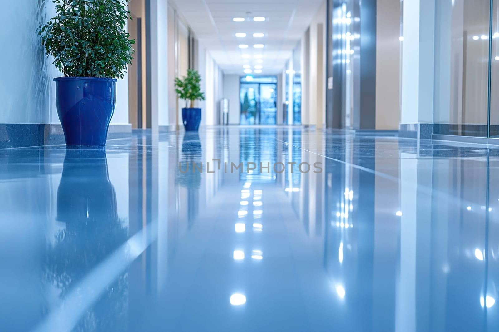 Modern bright interior of an office or medical center with a long corridor. Potted plants, clean shiny floor, blurred space.