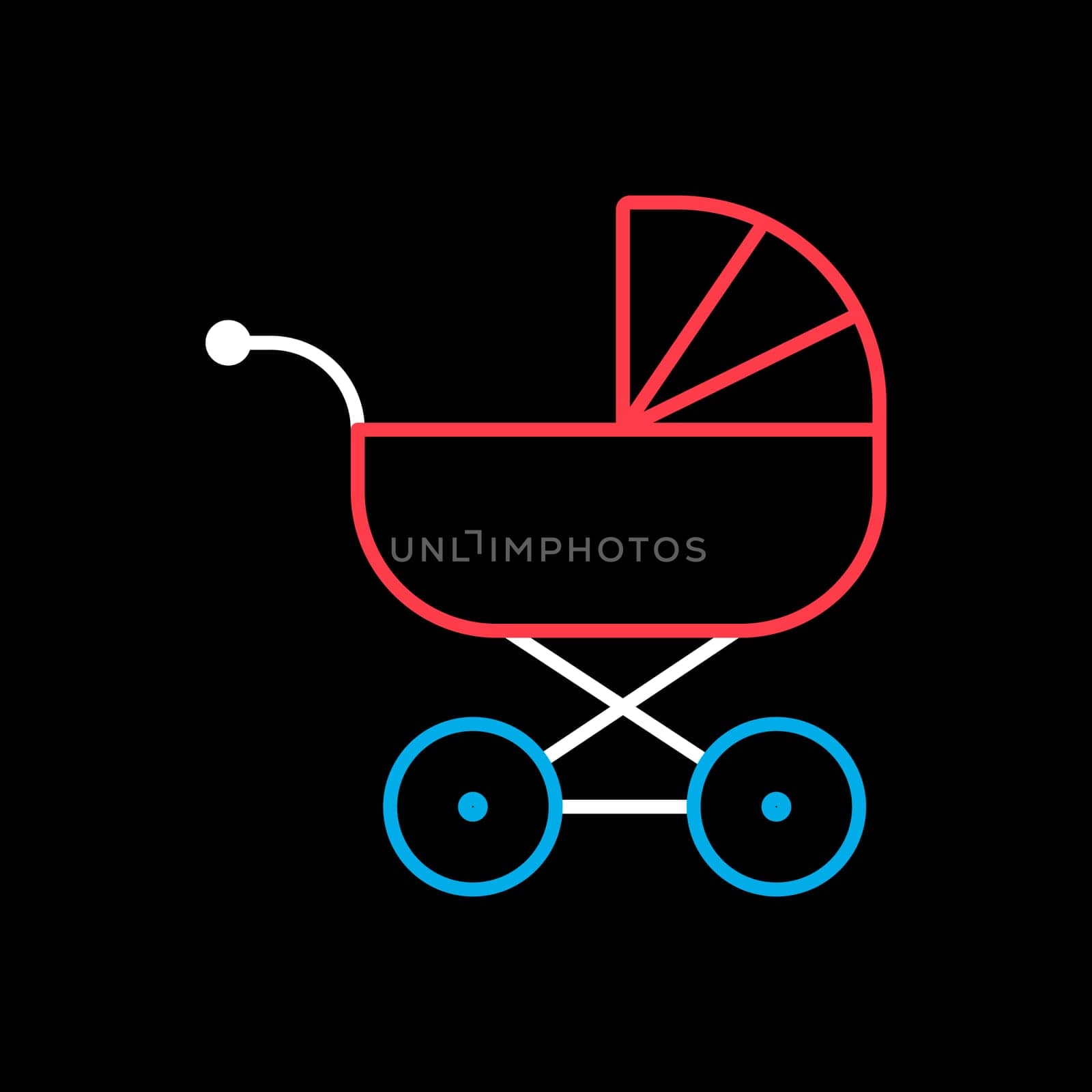 Stroller baby, carriage vector on black background icon. Graph symbol for children and newborn babies web site and apps design, logo, app, UI