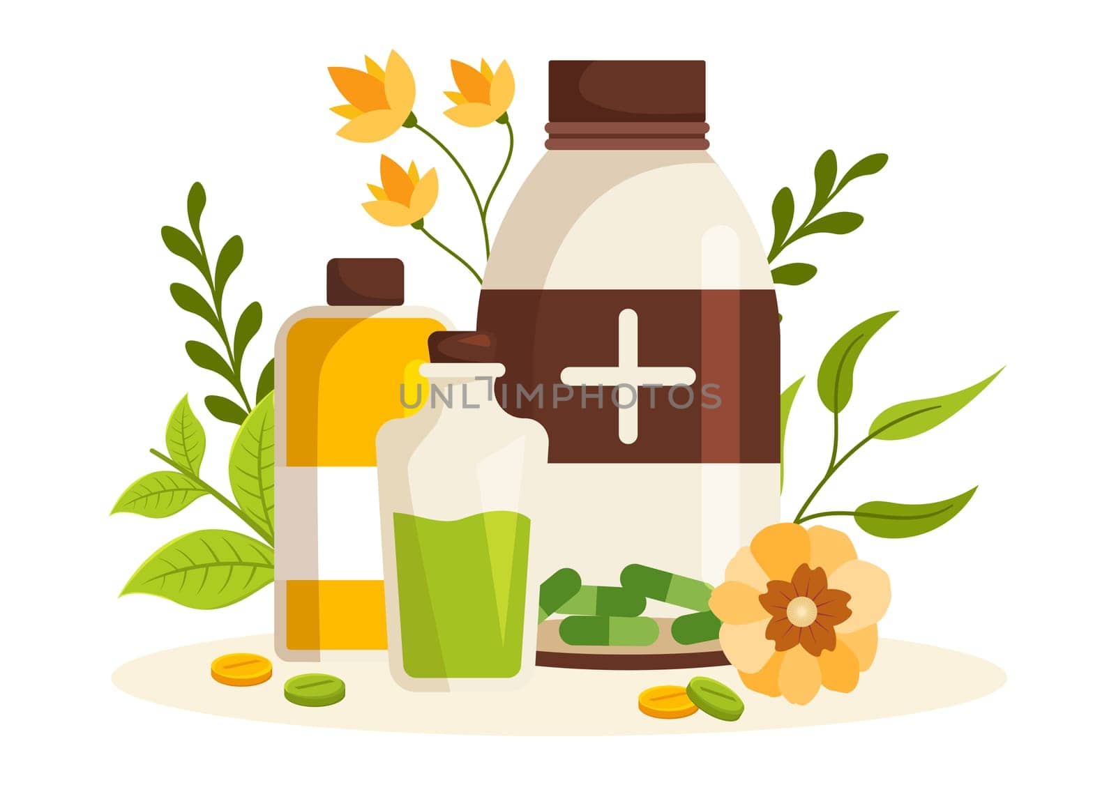 Alternative Medicine or Herbal Cure of Energy Therapies with Ginseng Root, Essential Oil and Seeds in Flat Cartoon Hand Drawn Templates Illustration