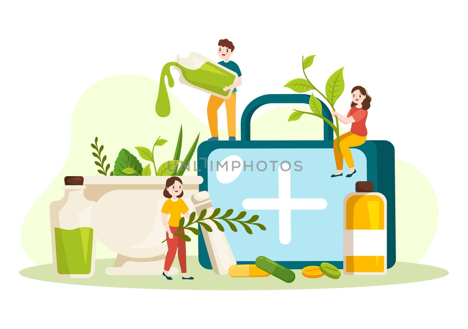 Alternative Medicine or Herbal Cure of Energy Therapies with Ginseng Root, Essential Oil and Seeds in Flat Cartoon Hand Drawn Templates Illustration