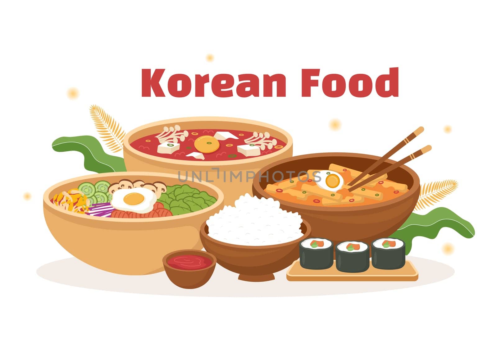 Korean Food Set Menu of Various Traditional or National Delicious Cuisine Dish in Flat Cartoon Hand Drawn Templates Illustration
