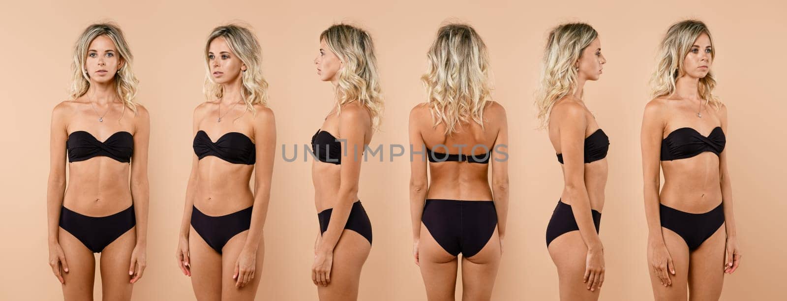 View from different sides of pretty young woman in black lingerie