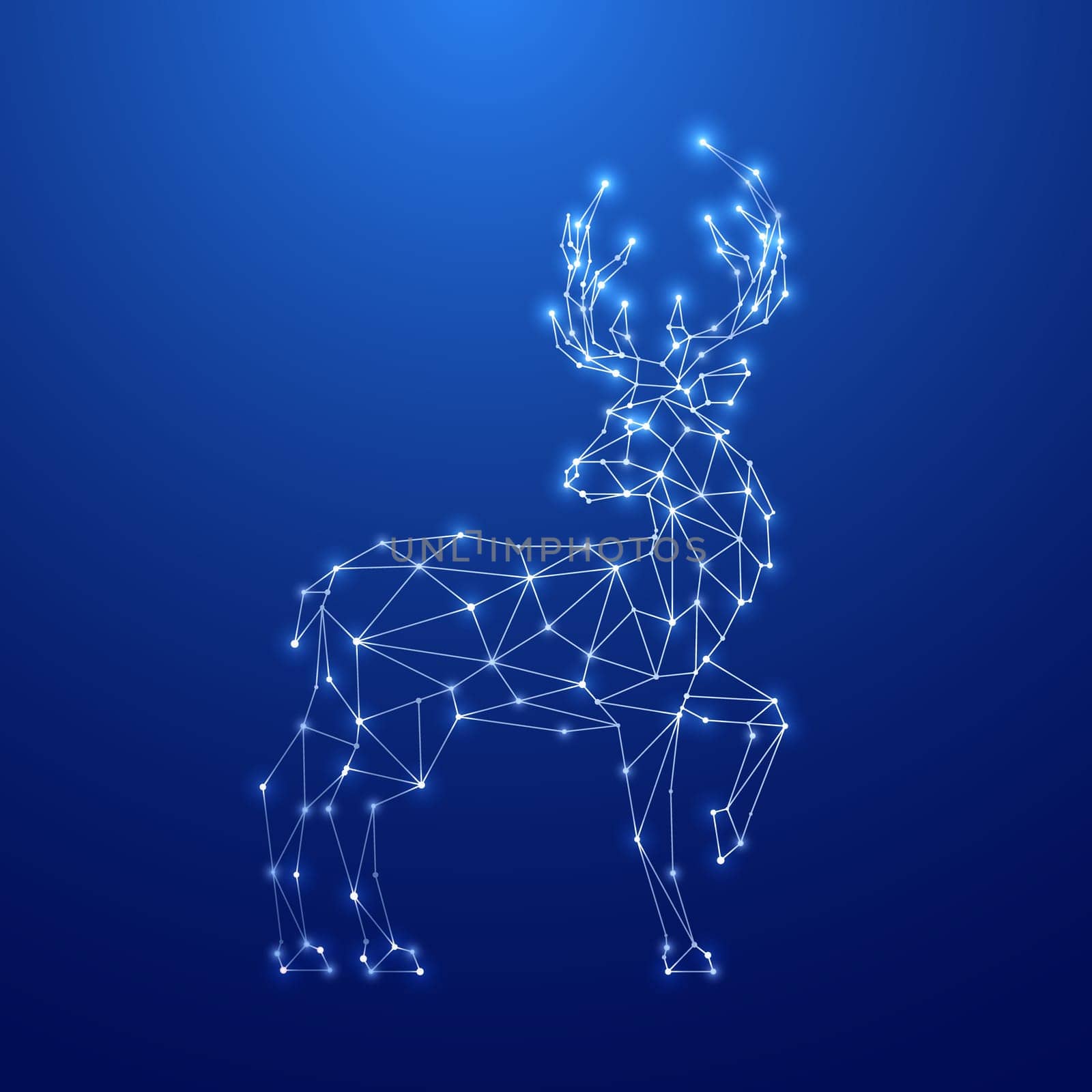 Geometric Deer silhouette. Image of Reindeer in the form of constellation on blue background. Deer clattering hoof. Vector illustration.