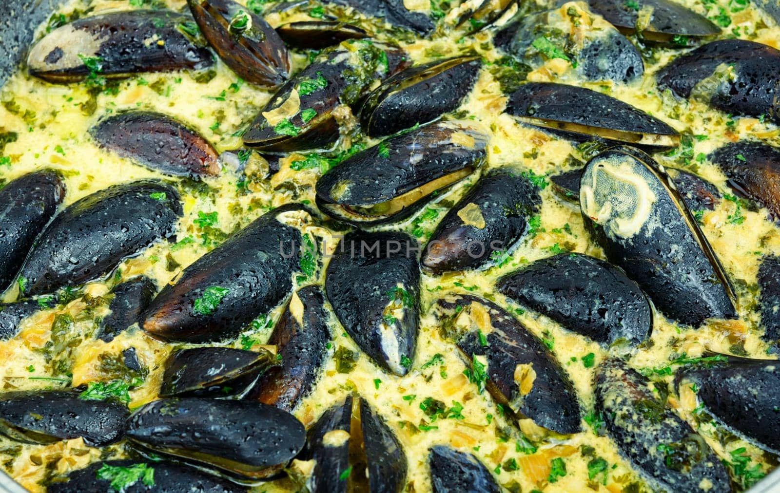 Cooked appetizing mussels in a creamy sauce