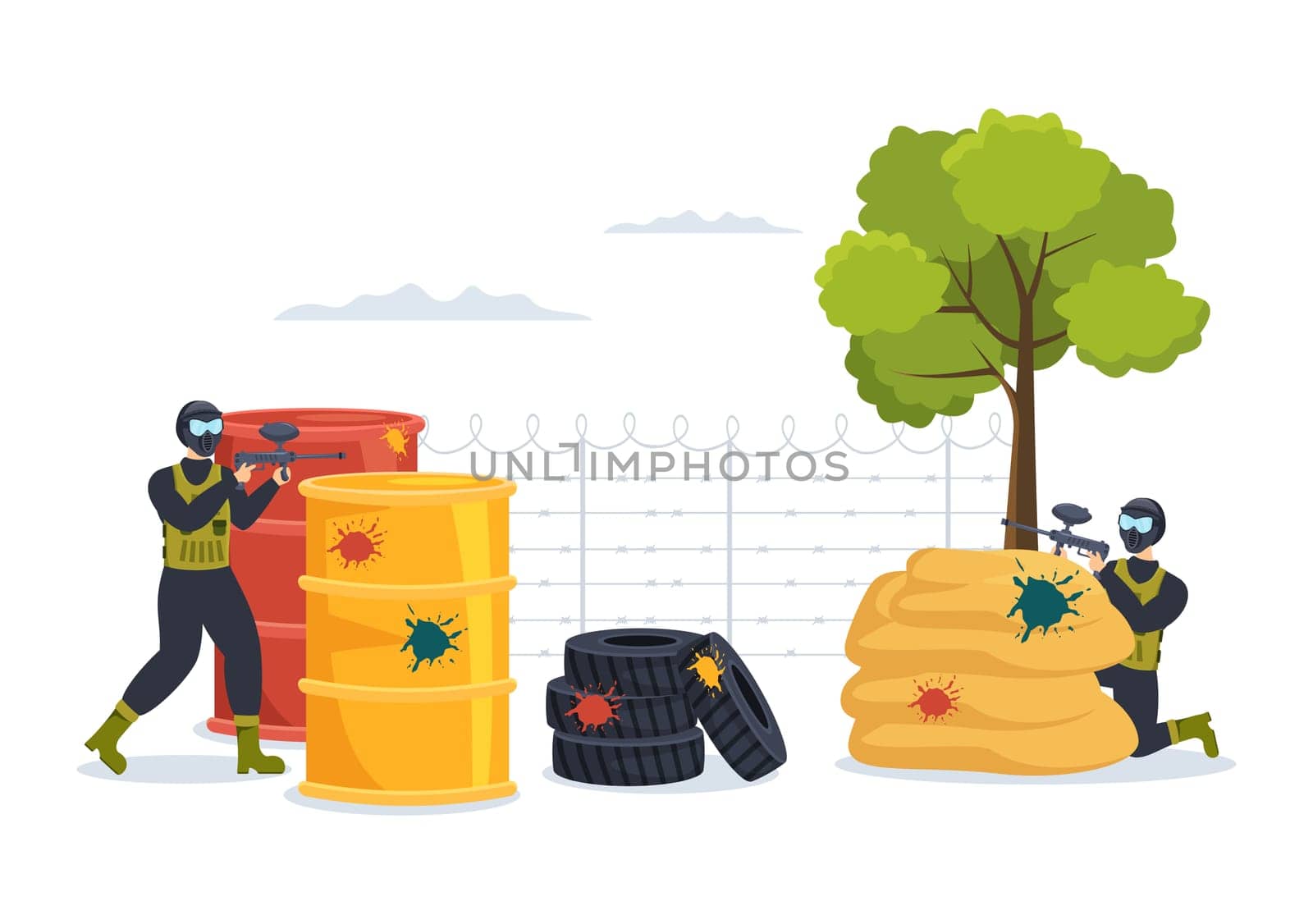 People Playing Paintball of Fighter Player Shooting with Gun Shoot, Aim, Attack in Field Scene in Flat Cartoon Hand Drawn Template Illustration