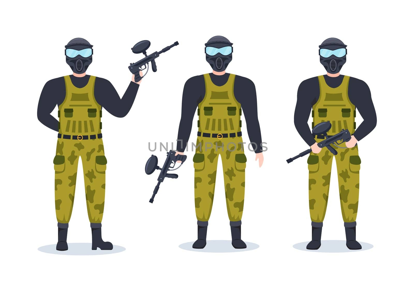 People Playing Paintball of Fighter Player Shooting with Gun Shoot, Aim, Attack in Field Scene in Flat Cartoon Hand Drawn Template Illustration