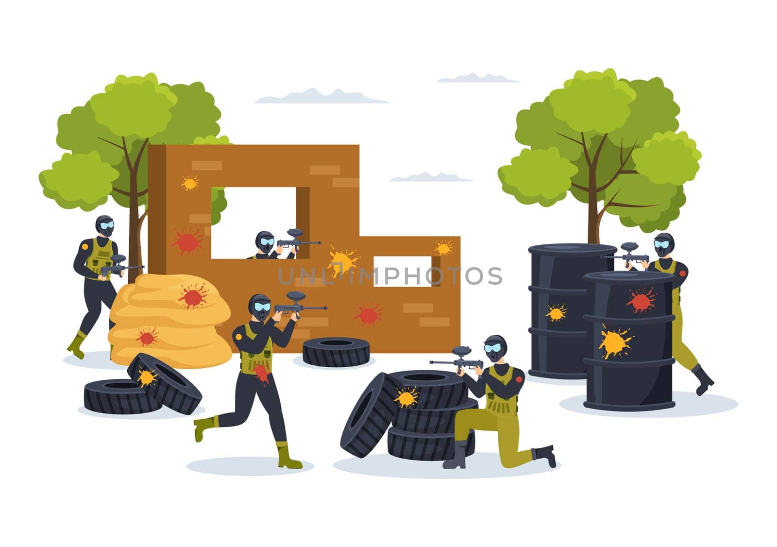 People Playing Paintball of Fighter Player Shooting with Gun Shoot, Aim, Attack in Field Scene in Flat Cartoon Hand Drawn Template Illustration