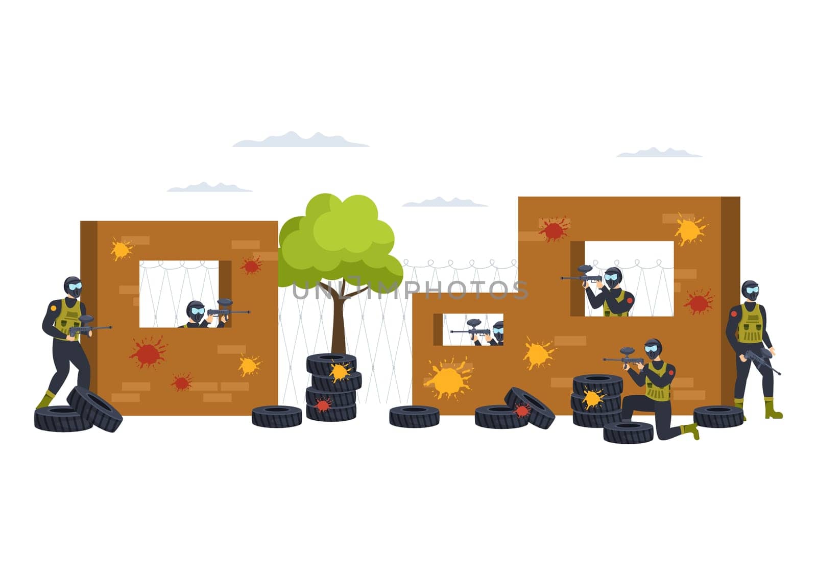 People Playing Paintball of Fighter Player Shooting with Gun Shoot, Aim, Attack in Field Scene in Flat Cartoon Hand Drawn Template Illustration