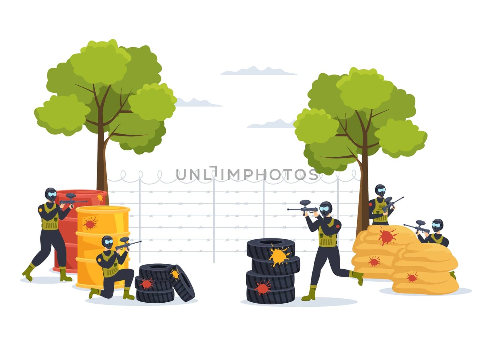 People Playing Paintball of Fighter Player Shooting with Gun Shoot, Aim, Attack in Field Scene in Flat Cartoon Hand Drawn Template Illustration