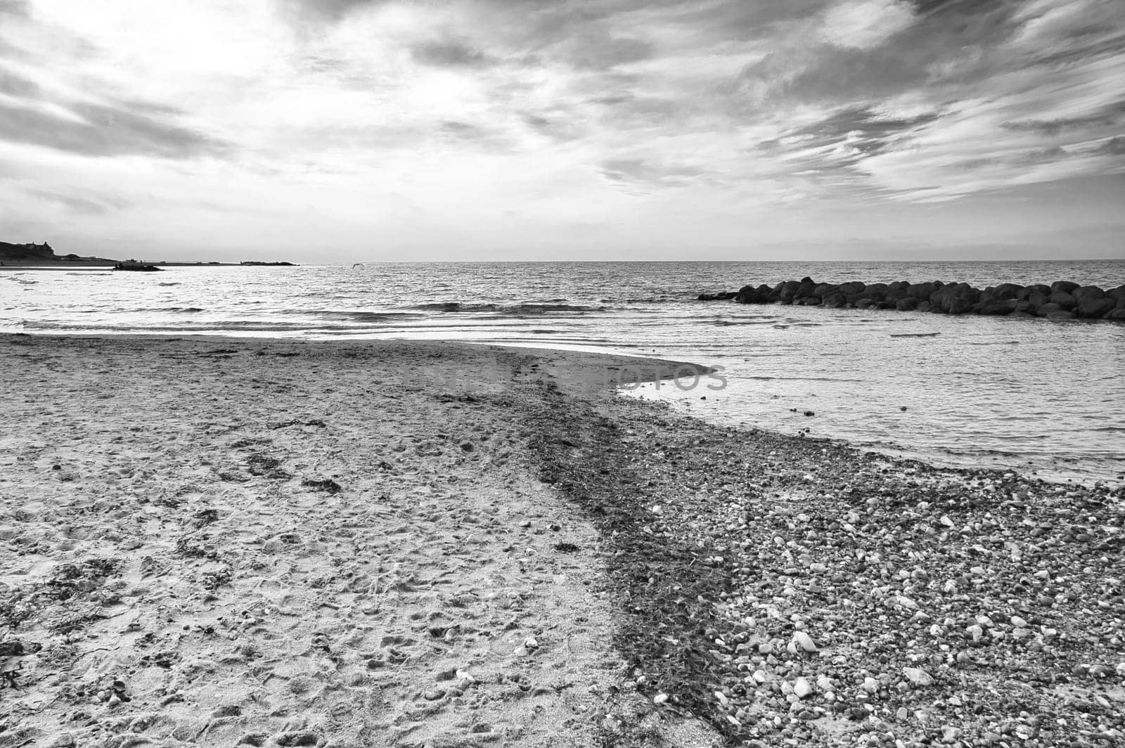 Stand in black and white taken in Denmark with stone downs . Stones, shells and seaweed on the coast. Landscape photo from sea