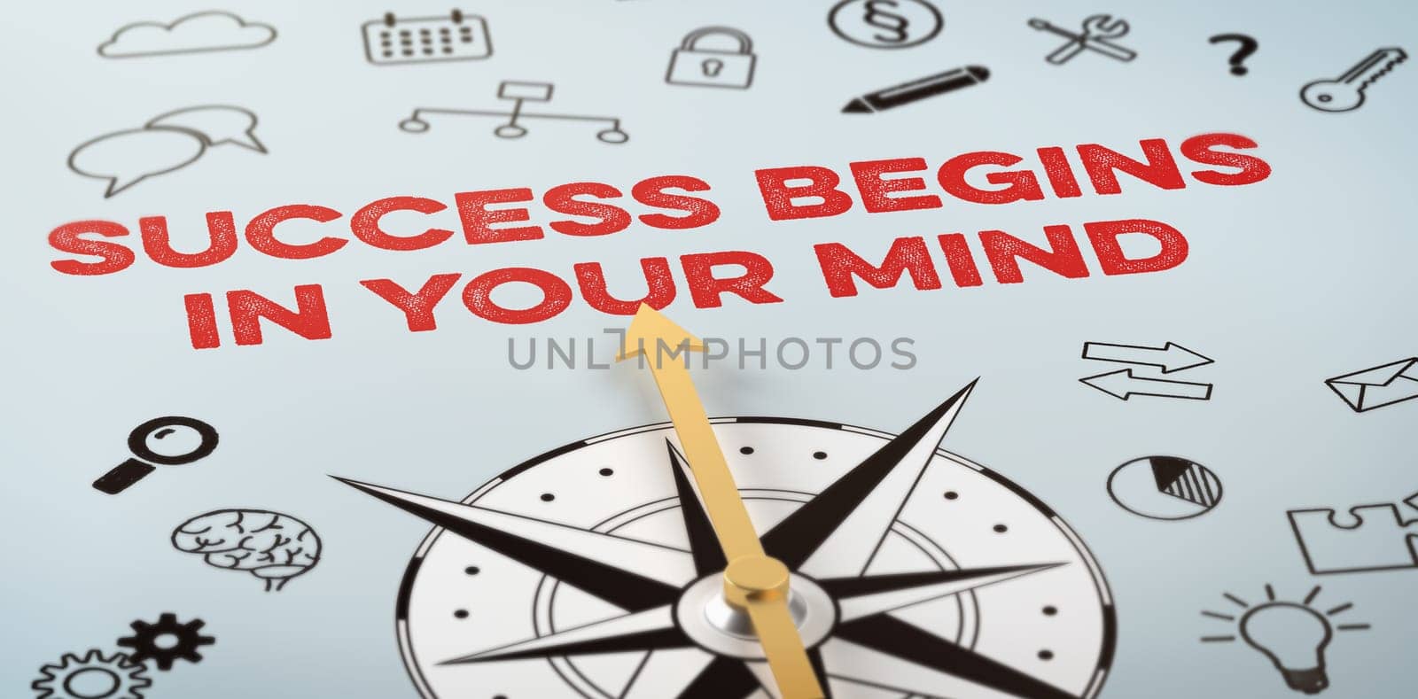 A compass with icons - Success begins in your mind