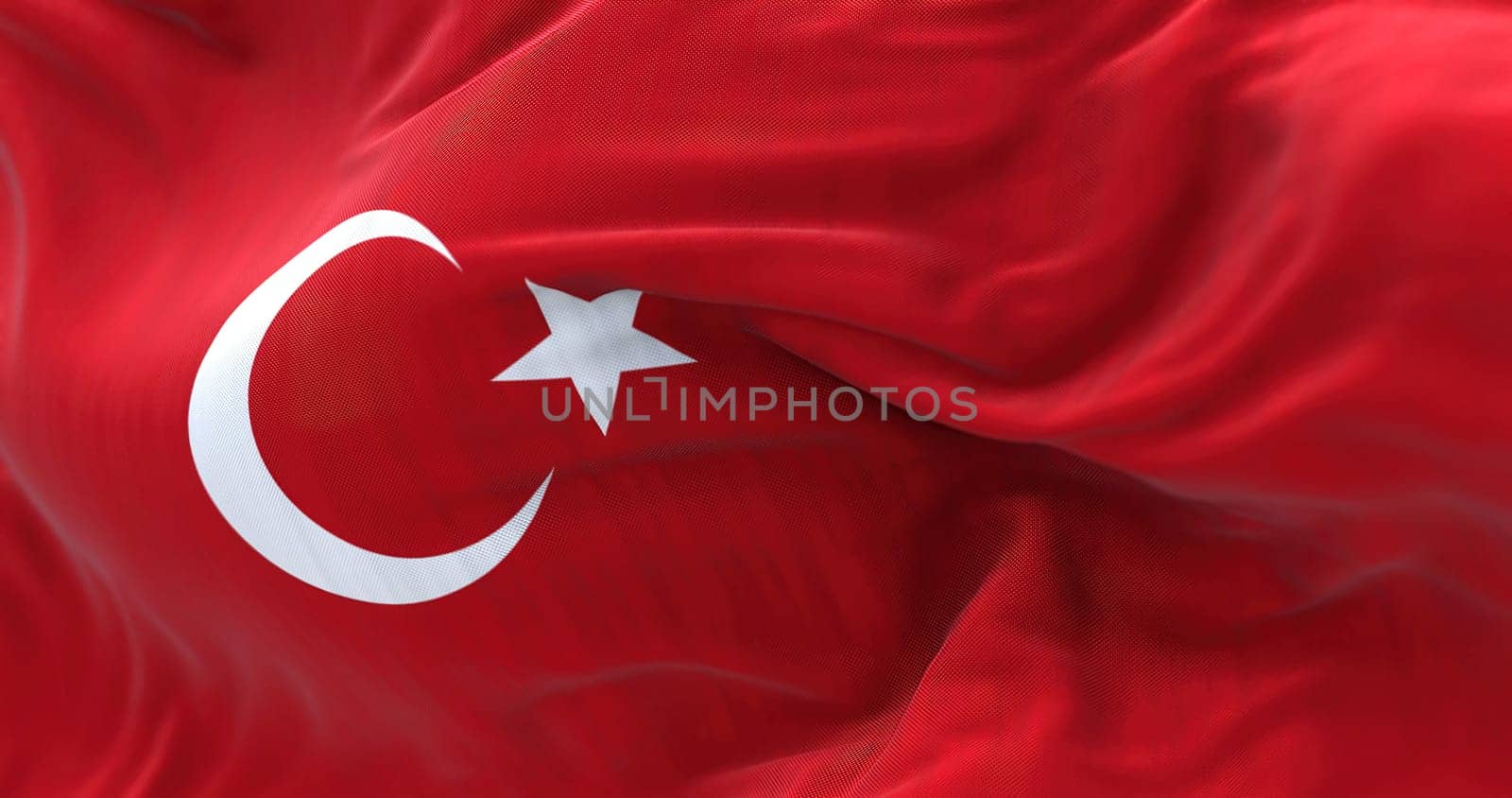 Close-up view of the Turkey national flag waving. the Republic of Turkey is a transcontinental country. Fabric textured background. Selective focus. 3D illustration