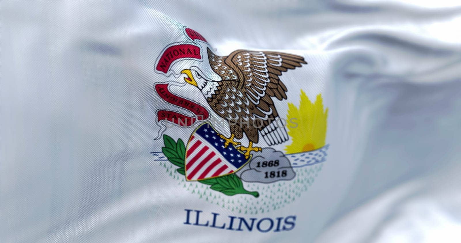 Close-up view of Illinois state flag waving in the wind. Illinois is a state in the Midwest of the United States. Fabric textured background. Selective focus. 3D illustration